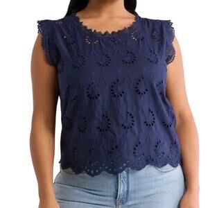 Forgotten Grace Plus Size Lace Trimmed Eyelet Blouse Navy Blue 100% Cotton NWOT